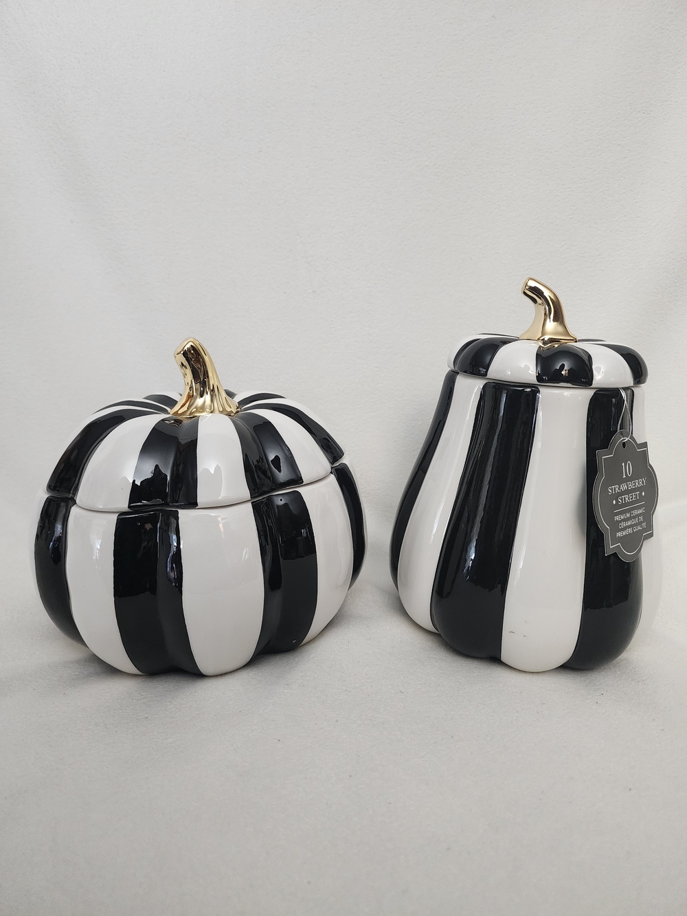 Black & White Striped Premium Ceramic Pumpkin Canister Set with Gold Stems